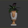 Elegant White Marble Vase With Golden Ornate Base And Green Purple Foliage