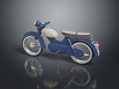 Classic Blue Motorcycle With Beige Seat Red Taillight And Reflection On Black Background 3d model