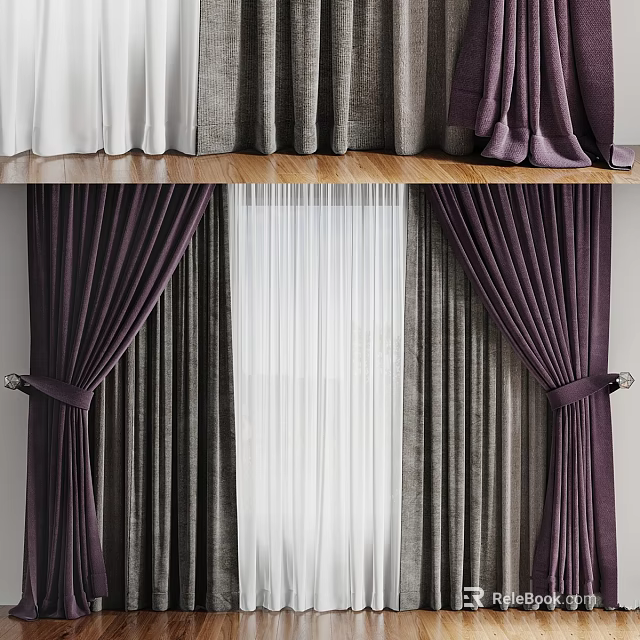 Elegant Purple Curtains With Sheer White Panels For Modern Living Room Windows 3d model 