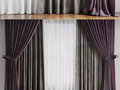 Elegant Purple Curtains With Sheer White Panels For Modern Living Room Windows 3d model