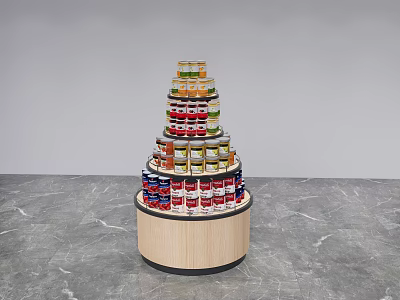 Modern Circular Multi Tiered Display Shelf With Wooden Base Displaying Canned Goods 3d model