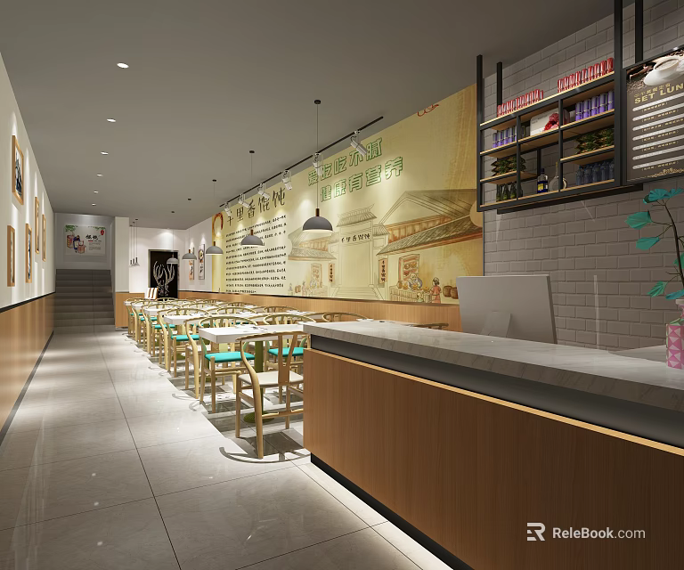 Modern Restaurant Interior With Wooden Counter Dining Tables Wall Art And Bright Atmosphere 3d model 