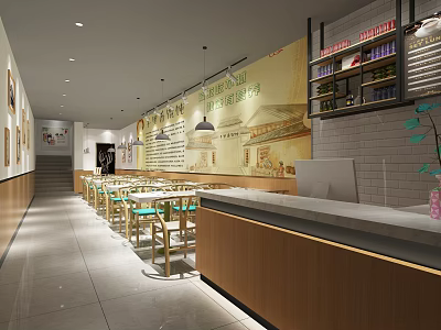 Modern Restaurant Interior With Wooden Counter Dining Tables Wall Art And Bright Atmosphere 3d model
