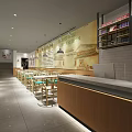 Modern Restaurant Interior With Wooden Counter Dining Tables Wall Art And Bright Atmosphere