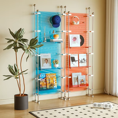 Modern Acrylic Storage Shelf with Books Photos Hat and Headphones in Living Room 3d model