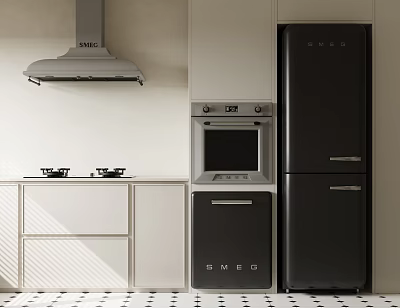 Modern Kitchen Appliances Featuring Smeg Range Hood Gas Stove Oven Dishwasher And Refrigerator 3d model