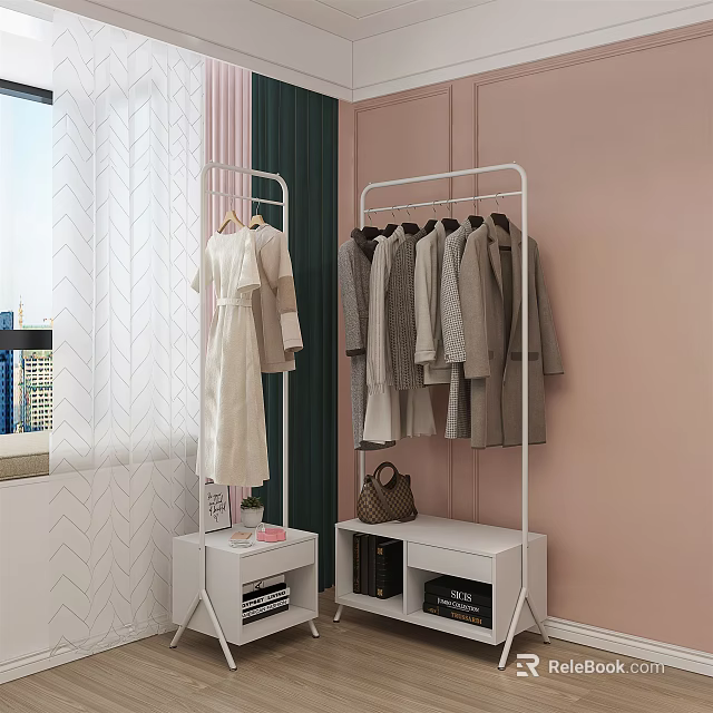 White Clothes Rack with Hanging Dresses Coats Side Table Handbag Books Pink Wall Natural Light 3d model 