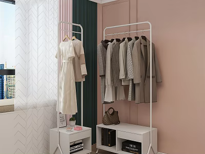 White Clothes Rack with Hanging Dresses Coats Side Table Handbag Books Pink Wall Natural Light 3d model