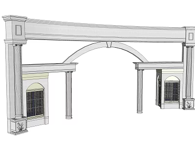 Traditional Entrance Gate Architectural Design With Archway Columns And Decorative Windows 3d model