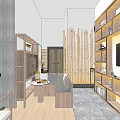 Modern Tea Room Interior With Wooden Shelves Counter Stools And Decorative Items