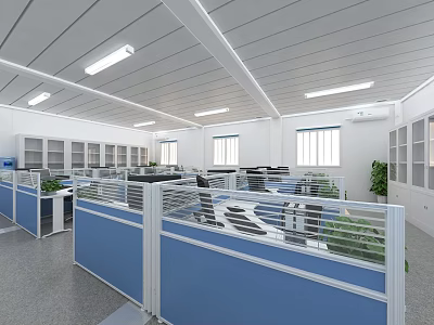 Public Office Space With Blue Partitions Cubicles White Ceiling Fluorescent Lights Windows And Green Plants 3d model
