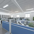 Public Office Space With Blue Partitions Cubicles White Ceiling Fluorescent Lights Windows And Green Plants