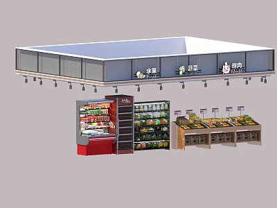 Supermarket Display Shelves With Fruits Vegetables Grain Oil And Meat Display Sections 3d model
