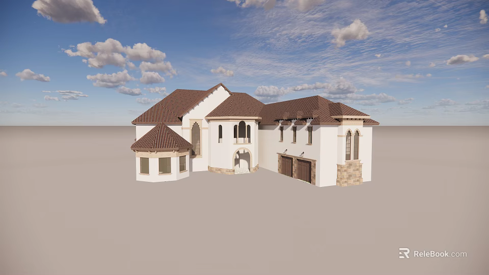 Single Family Villa White Exterior Brown Roof Arched Windows Garage Blue Sky White Clouds 3d model 