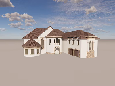 Single Family Villa White Exterior Brown Roof Arched Windows Garage Blue Sky White Clouds 3d model