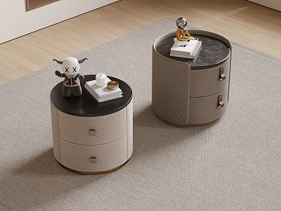 Modern Round Bedside Tables with Two Fabric Drawers Wooden Base and Decorative Items on Top 3d model