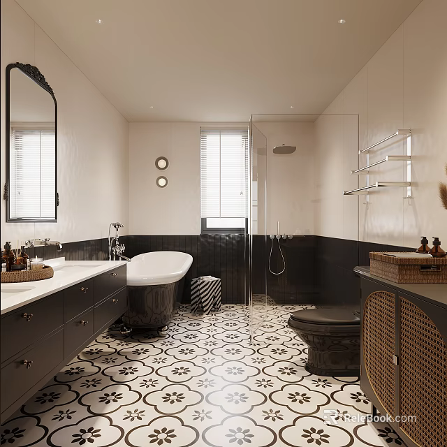 Vintage Style Bathroom With Bathtub Vanity And Patterned Tiles 3d model