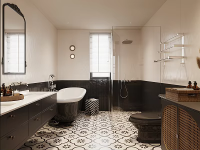 Vintage Style Bathroom With Bathtub Vanity And Patterned Tiles 3d model