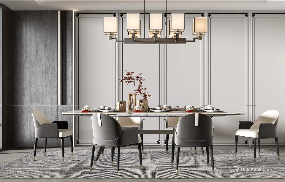 Elegant Modern Dining Table Set with Grey Chairs Chandelier and Red Flower Vase 3d model 