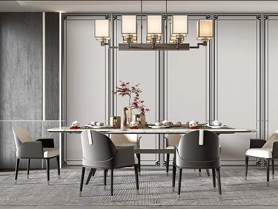Elegant Modern Dining Table Set with Grey Chairs Chandelier and Red Flower Vase 3d model