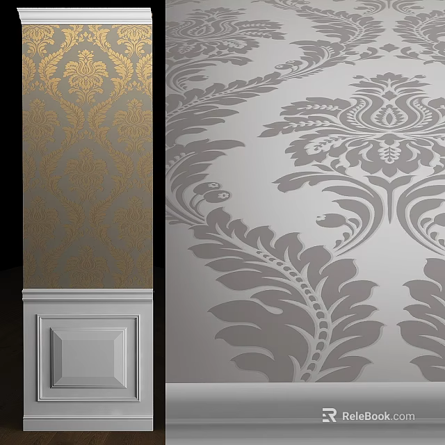 Elegant Wallpaper Designs Featuring Gold And Gray Floral Patterns With Baseboard Trim 3d model 