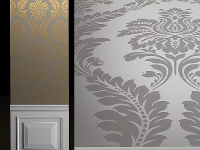 Elegant Wallpaper Designs Featuring Gold And Gray Floral Patterns With Baseboard Trim 3d model