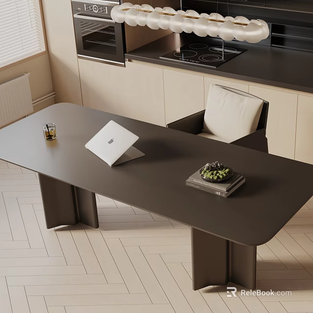 Modern Dining Table Set With Gray Surface Comfortable Chair Laptop And Green Plant Decor 3d model 
