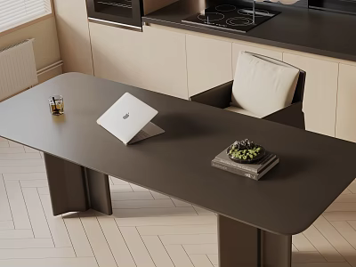 Modern Dining Table Set With Gray Surface Comfortable Chair Laptop And Green Plant Decor 3d model