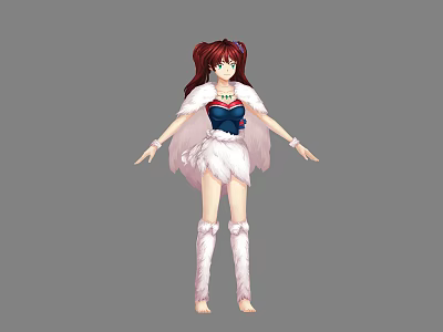 Red Haired Female Character With Blue White Top Feathered Skirt And Bird Creature Elements 3d model