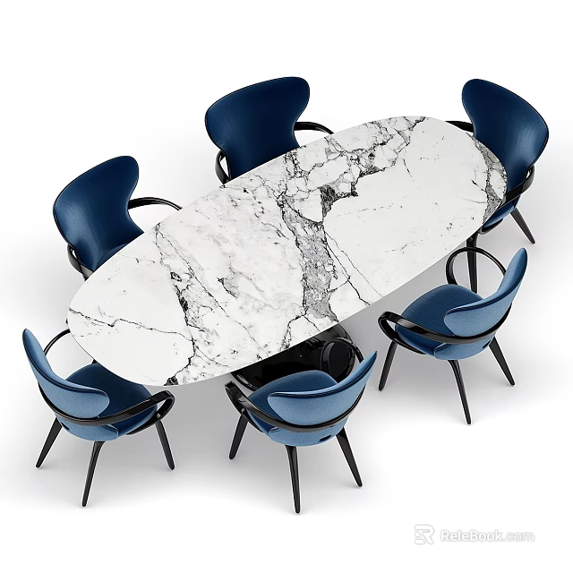 Modern Marble Dining Table With Navy Blue Chairs And Contemporary Design 3d model