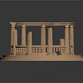 Cartoon Style Golden Circular Stage With Columns Railings And Decorative Design