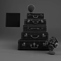 Stacked Vintage Suitcases With Globe On Top Painting And Pink Flowers