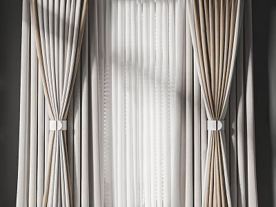 Beige And White Pleated Curtains With White Tiebacks For Window Decoration 3d model