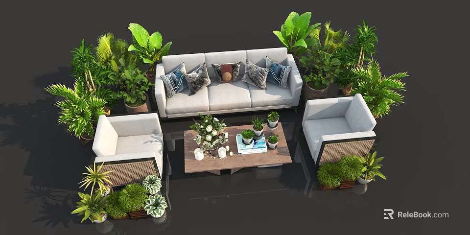 Modern Outdoor Sofa Setup With Green Plants Decorative Pillows And Coffee Table 3d model