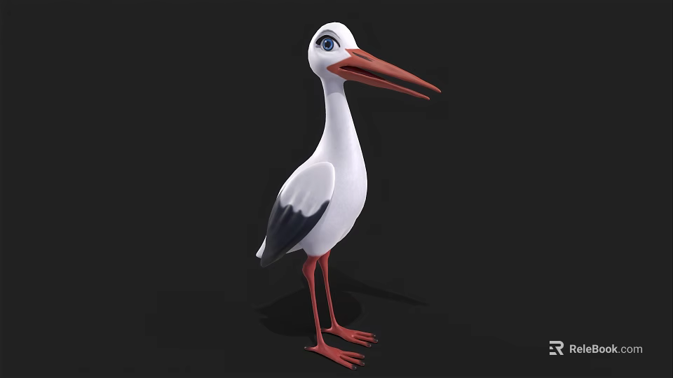 3D Stork Model with White Black Feathers Long Red Beak Red Legs and Blue Eyes 3d model 