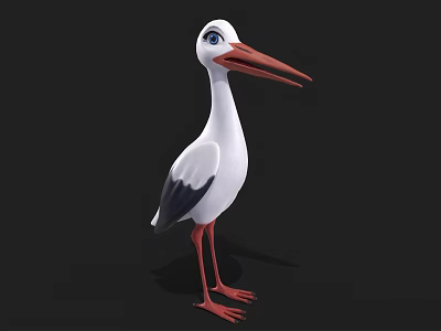 3D Stork Model with White Black Feathers Long Red Beak Red Legs and Blue Eyes 3d model