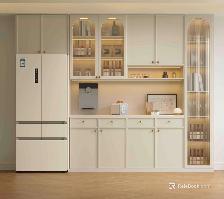 Modern Wine Cabinet With Glass Doors And LED Lighting In White Kitchen Interior 3d model 