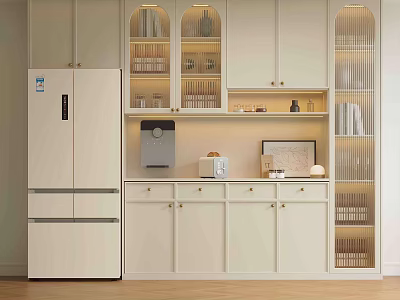 Modern Wine Cabinet With Glass Doors And LED Lighting In White Kitchen Interior 3d model