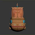 Traditional Wooden Ship Model With Red Sails And Blue Decorative Flags