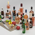 Various Alcohol Bottles Arranged With Fresh Fruits Kitchen Knife And Cutting Board