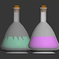 Three Household Conical Flasks With Orange Caps And Colorful Transparent Liquids