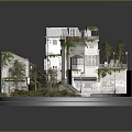 Cartoon Scene With Miniature Buildings Vines Covered Houses Stone Stairs Trees And Courtyard