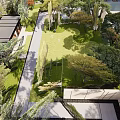 Garden Landscape Design With Lush Trees Green Lawn Geometric Paths And Paved Areas