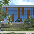 Modern Office Building Featuring Glass Curtain Walls Wooden Louvers Trees And Front Lawn