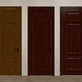 Three Dark Brown Wooden Hinged Doors With Various Panel Designs And Golden Handles