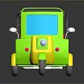 Green Auto Rickshaw with Red Seats Blue Windshield Yellow Wheels and Black Roof Rack