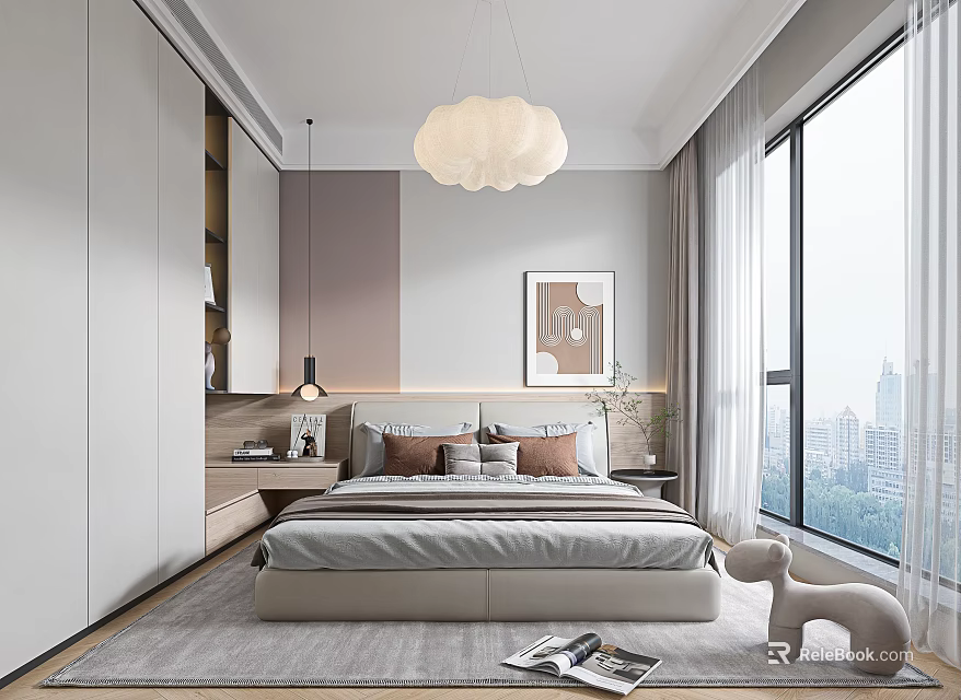 Modern Bedroom Interior With Cloud Pendant Light Comfortable Bed Wall Art And Large Windows 3d model 