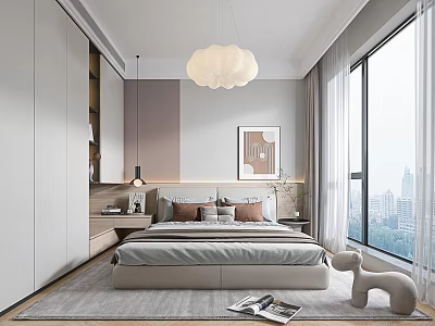 Modern Bedroom Interior With Cloud Pendant Light Comfortable Bed Wall Art And Large Windows 3d model