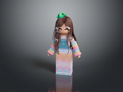 Cartoon Woman With Brown Hair Glasses Green Frog Hair Accessory Blue Overalls Colorful Striped Sleeves 3d model