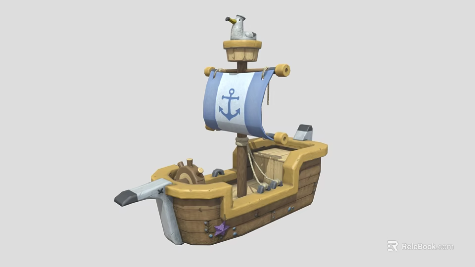 Wooden Ship With Blue White Sail Anchor Design Steering Wheel Toy Cannon And Star Decoration 3d model 